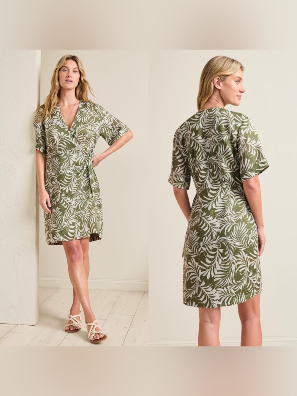 Garnet Hill Olive Palms Easy Linen Wrap Green Tropical Print Wrap Dress